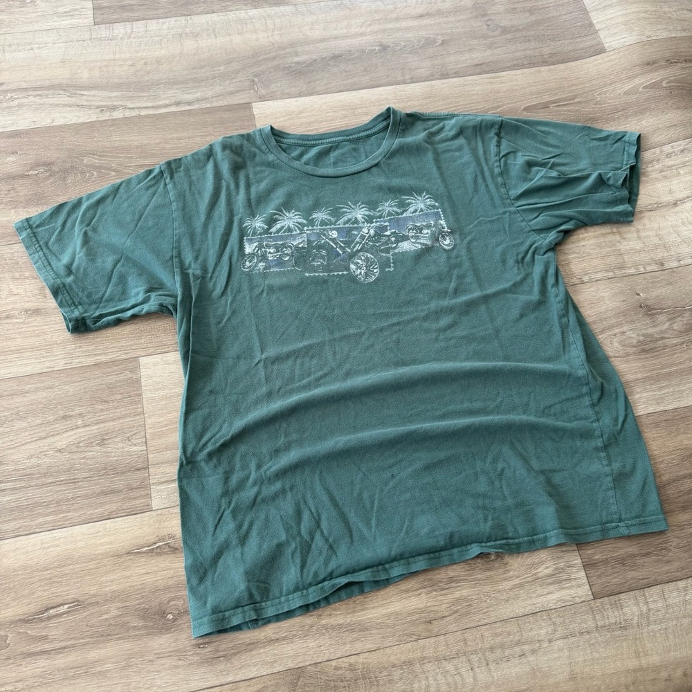 Mens Faded Green Motorcycle Palm Tree Graphic T-Shirt Short Sleeve Tee